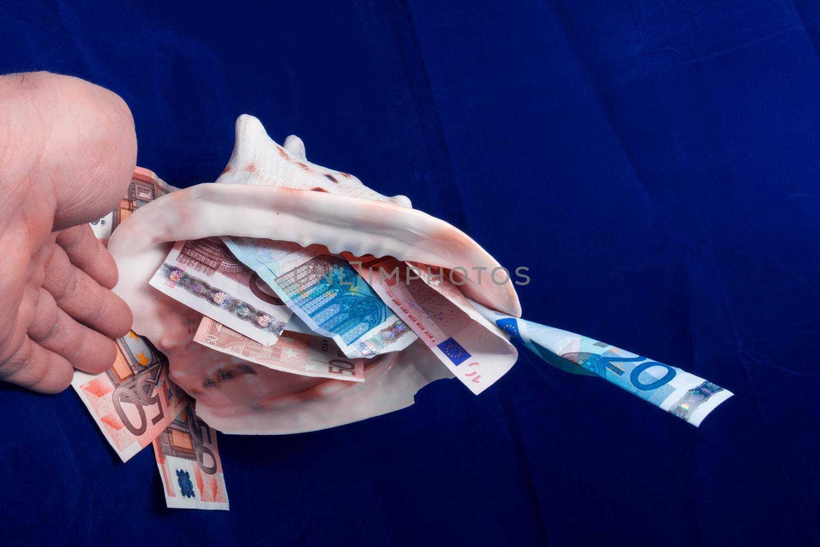 on a blue background the hand moves up the sea shell with the money on 50,20,10, Euro by client111