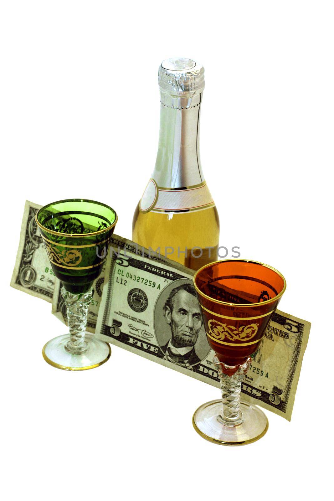 on a white background bottle of wine two glasses and money by client111
