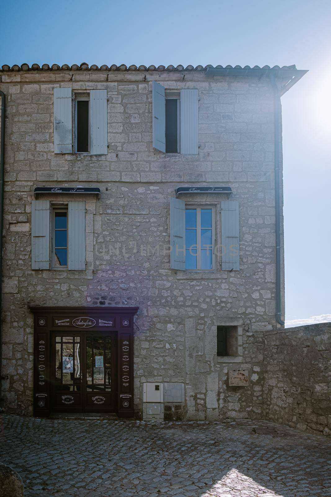 Les Baux de Provence France June 2020, old historical village build on a hill in the Provence, Les Baux de Provence village on the rock formation and its castle. France, Europe