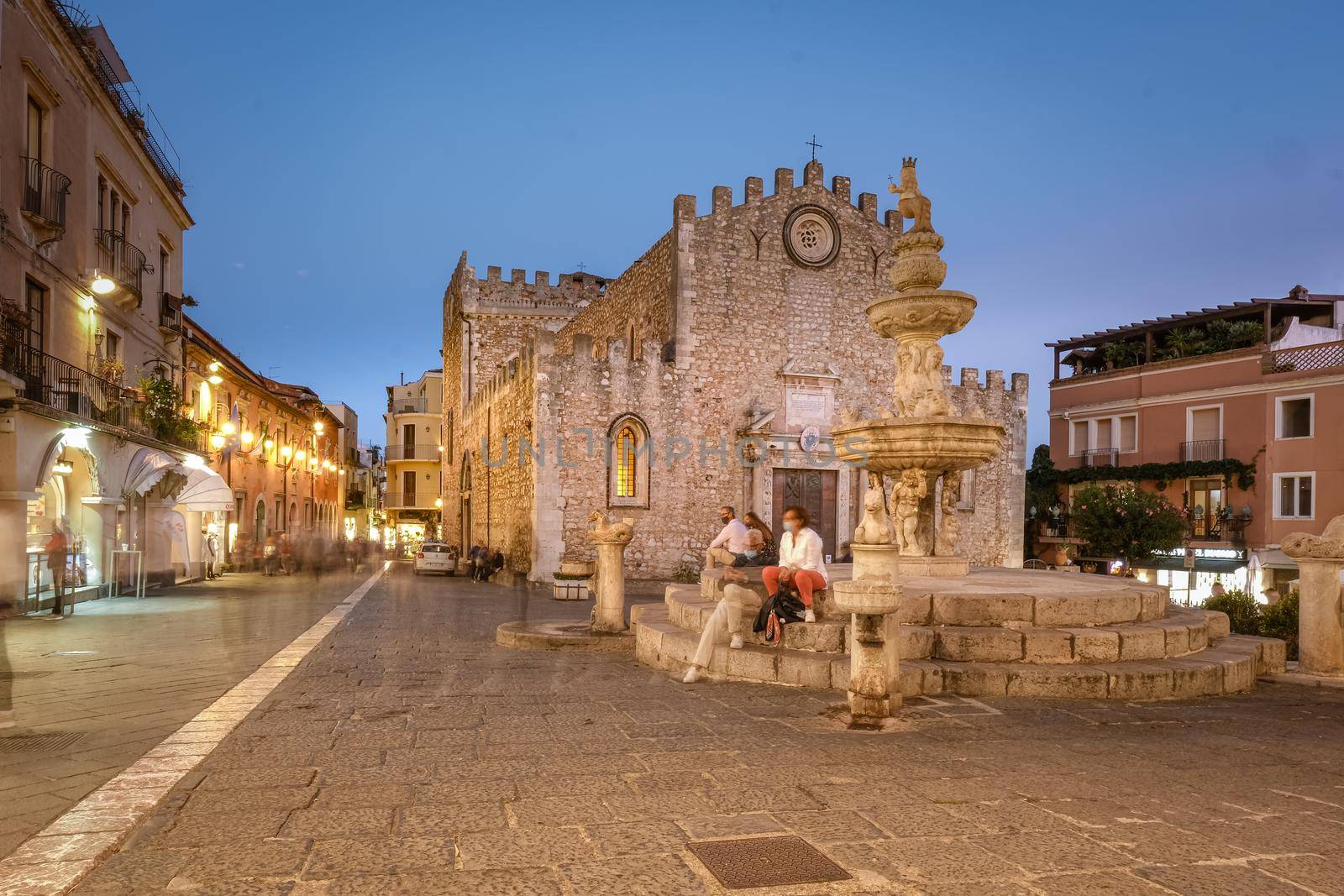 Taormina Sicily, Belvedere of Taormina and San Giuseppe church on the square Piazza IX Aprile in Taormina. Sicily, Italy by fokkebok