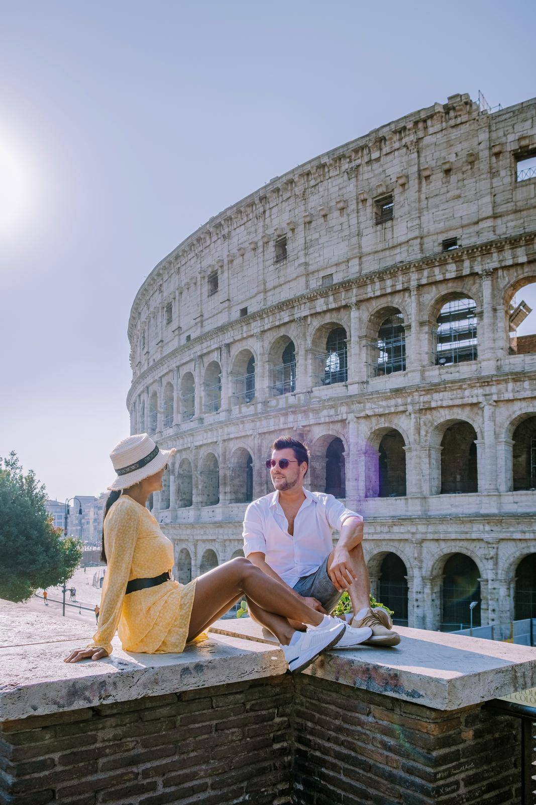 View of Colosseum in Rome and morning sun, Italy, Europe. 