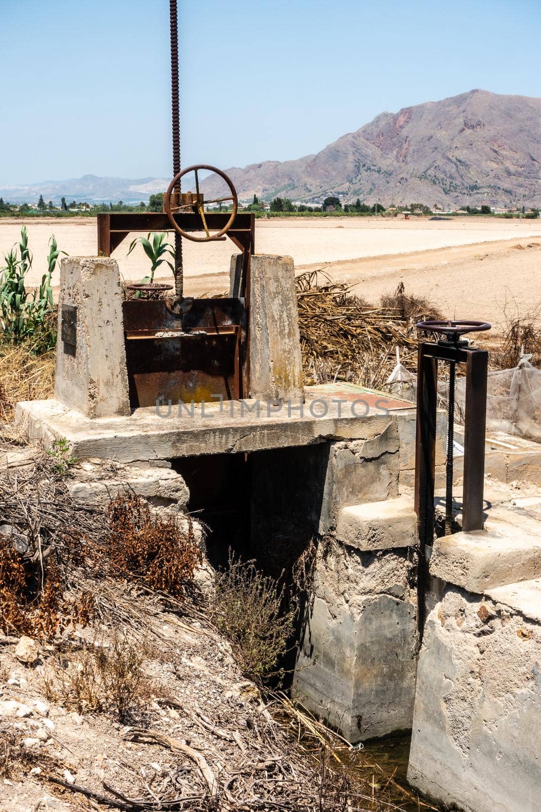 old sluice gates on spanish orange plantation or grove