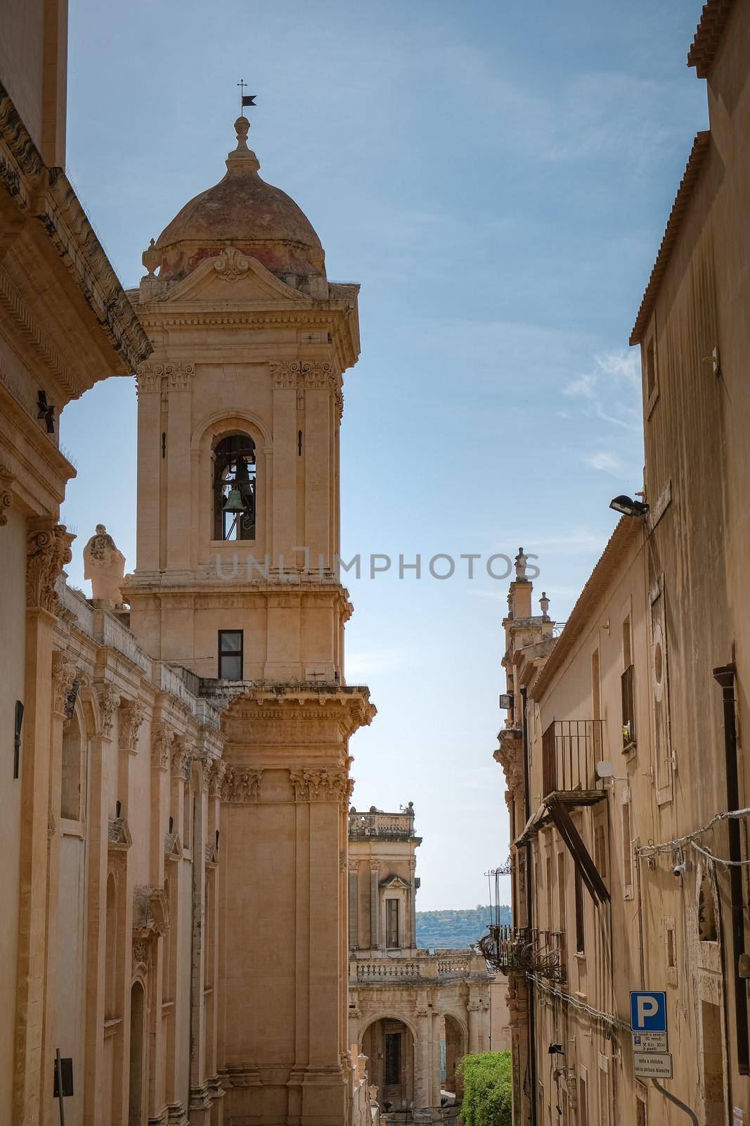 Sicily Italy, view of Noto old town and Noto Cathedral, Sicily, Italy. beautiful and typical streets and stairs in the baroque town of Noto in the province of Syracuse in Sicily