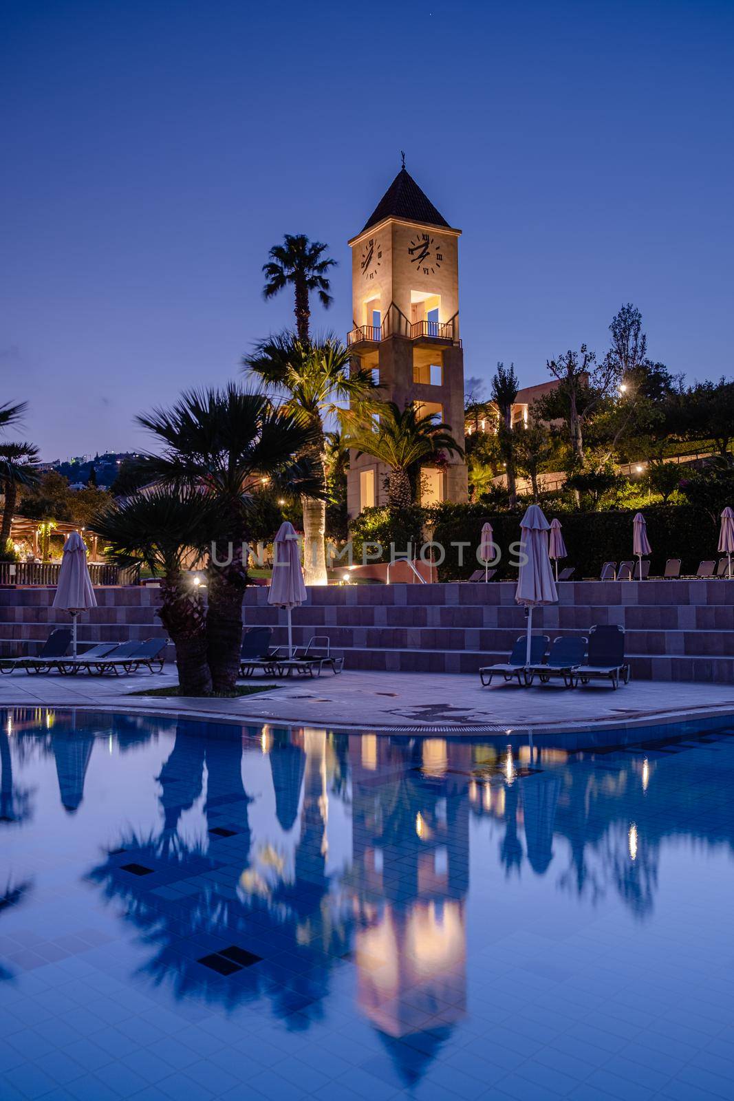 Crete Greece, Candia park village a luxury holiday village in Crete Greece by the ocean in traditional colors. Luxury holiday resort with pool