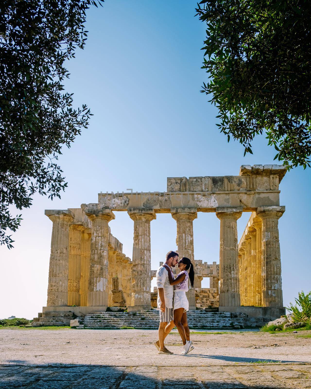 View on sea and ruins of greek columns in Selinunte Archaeological Park by fokkebok