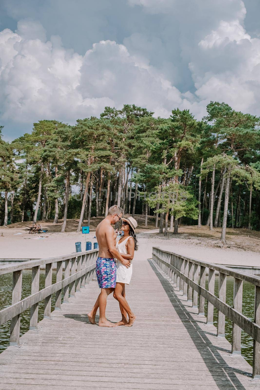 A lake situated in the Netherlands, Utrecht, called Henschotermeer. by drone aerial utrechtse heuvelrug, henschotermeer, lake in holland. Europe, couple men and woman walking on wooden pier