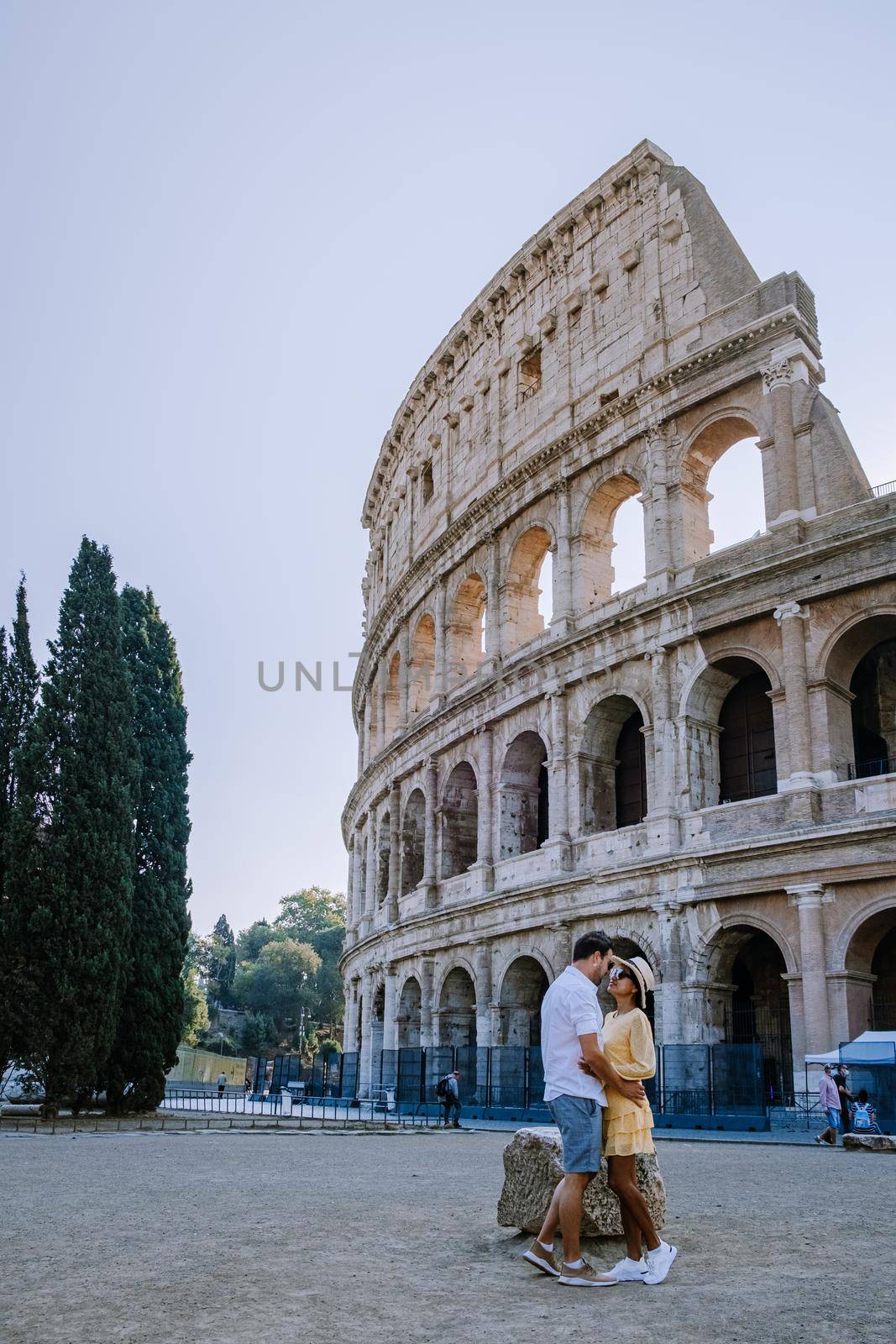 View of Colosseum in Rome and morning sun, Italy, Europe. 