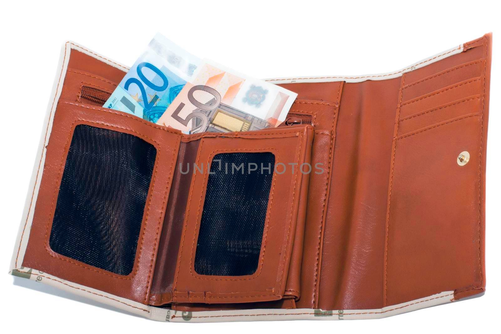 a purse with money in expanded form on a white background