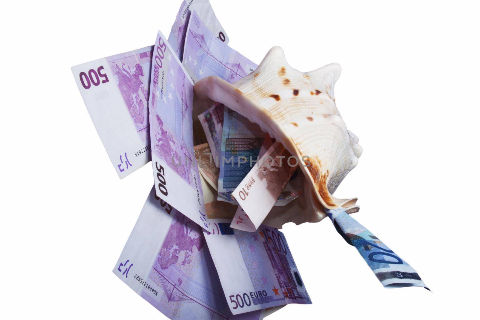 banknotes are in denominations of 500, 20,10, euros are in a sea shell by client111