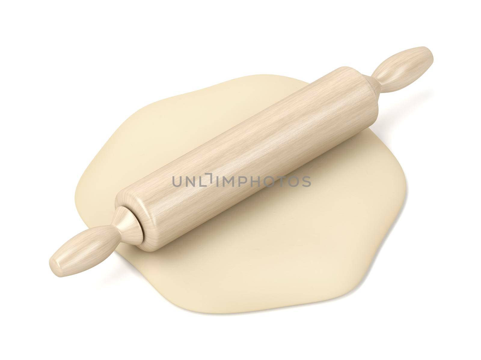 Raw dough and rolling pin on white background