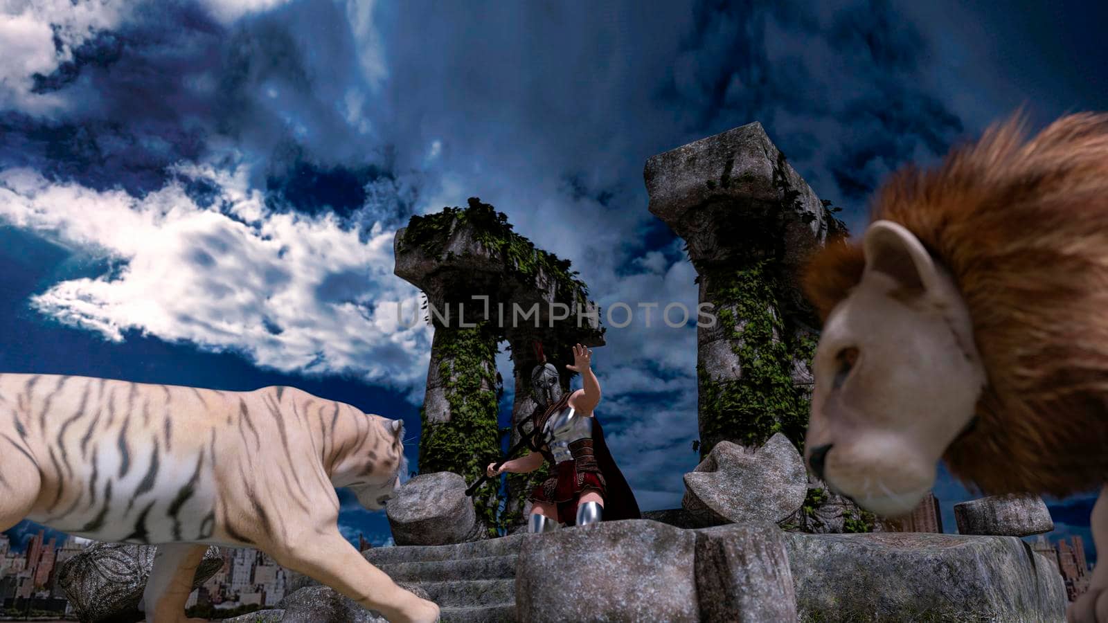 Gladiator warrior fighter in armor fighting a tiger and a lion. Ancient Greece or Rome. Columns ruins of a Temple - 3d rendering