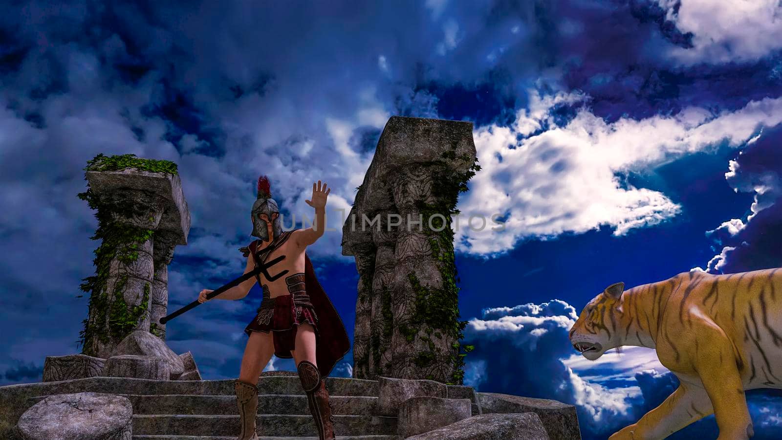 Gladiator warrior fighter in armor fighting a tiger. Ancient Greece or Rome. Columns ruins of a Temple - 3d rendering