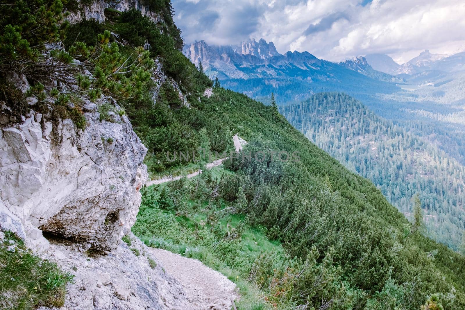 hiking in the Italian Dolomites,Beautiful Lake Sorapis Lago di Sorapis in Dolomites, popular travel destination in Italy. Europe