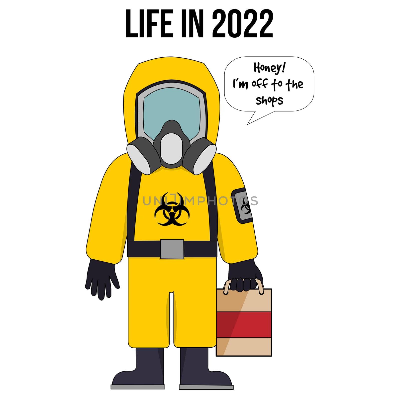 A person holding a carrier bag going to the shops wearing a hazard suit with the text "life in 2022".