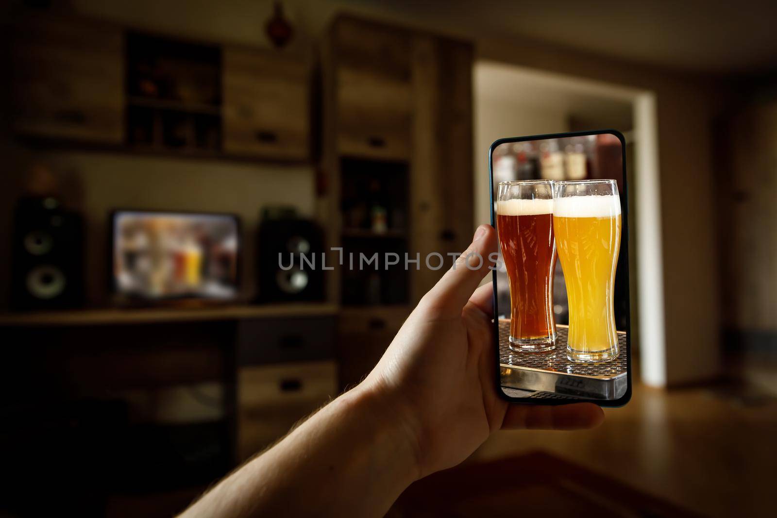 Online bar concept. Drinking with friends at home via smartphone or other gadgets. by 9parusnikov