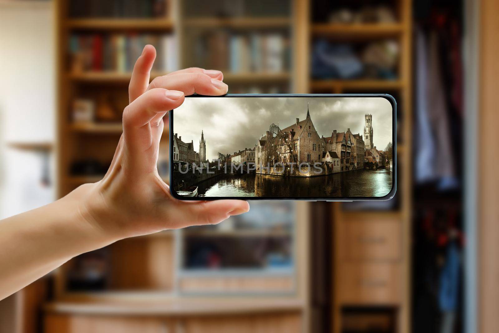 Online trip to European old town Brugge in Belgium using a smartphone at home