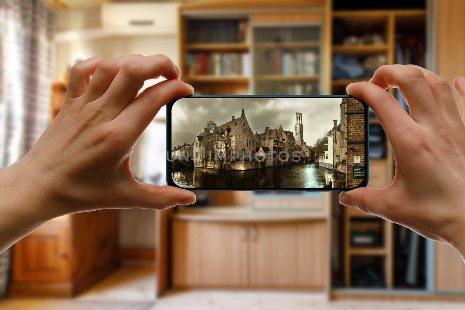 Online trip to European old town Brugge in Belgium using a smartphone at home