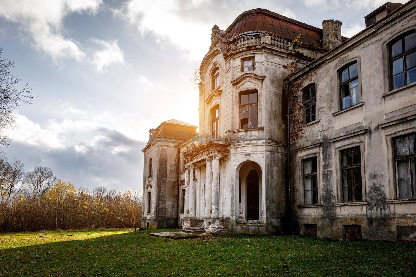 Old abandoned palace, manor in the autumn summer