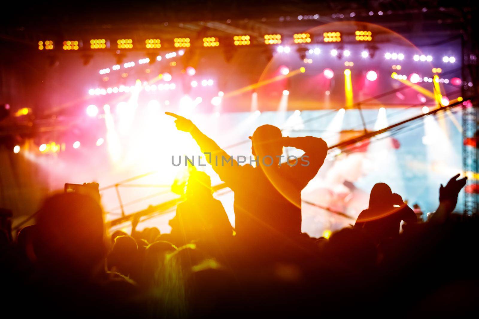 Girl enjoying a music festival or concert. Black silhouette of the crowd