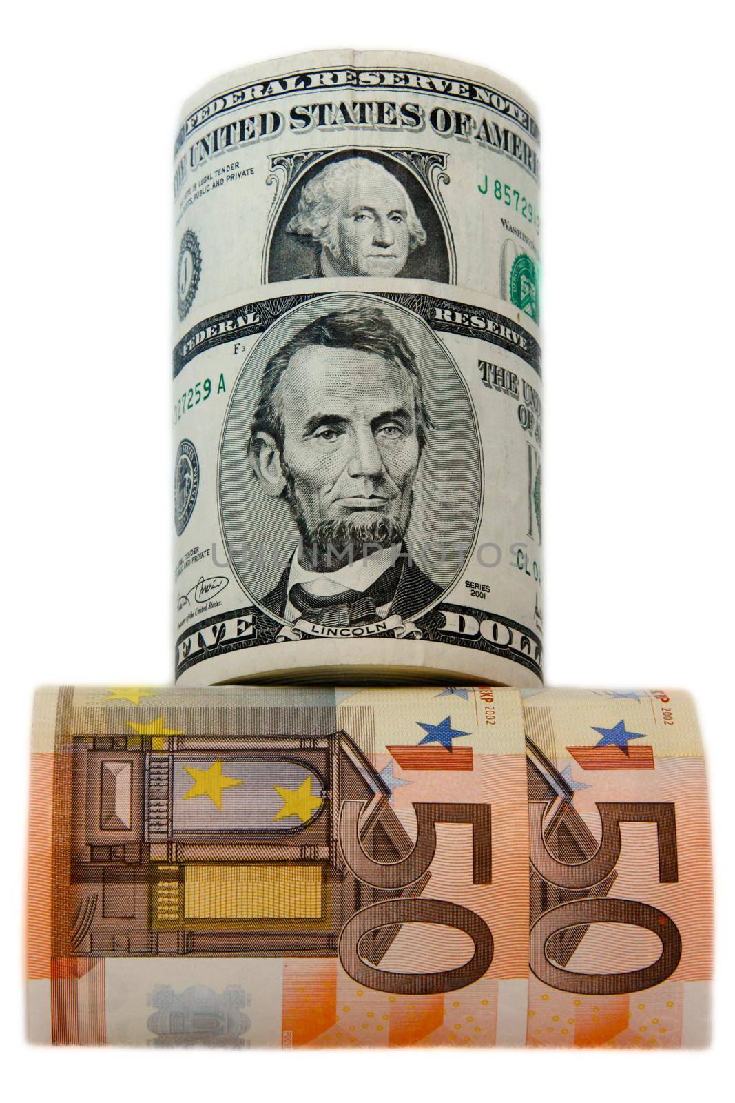 currency dollars and euros rolled on the white background by client111