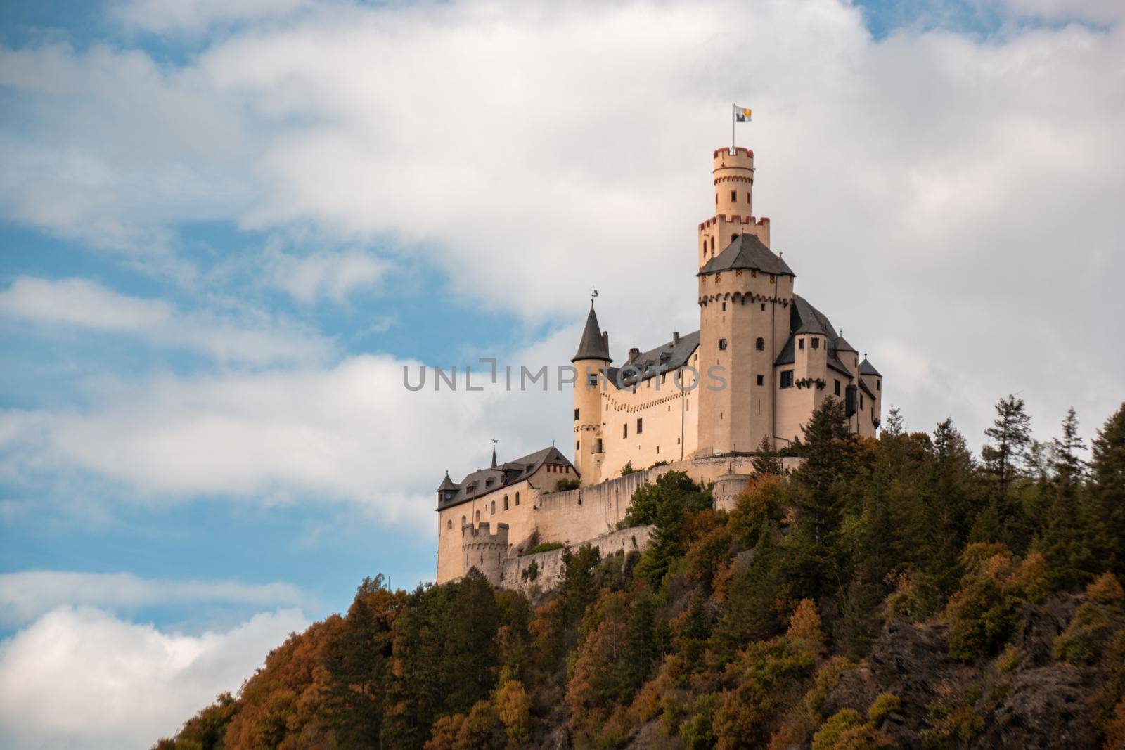 Romantic castles near Koblenz alongside the rhine rhein river germany, Marksburg castle by Braubach Germany Koblenz