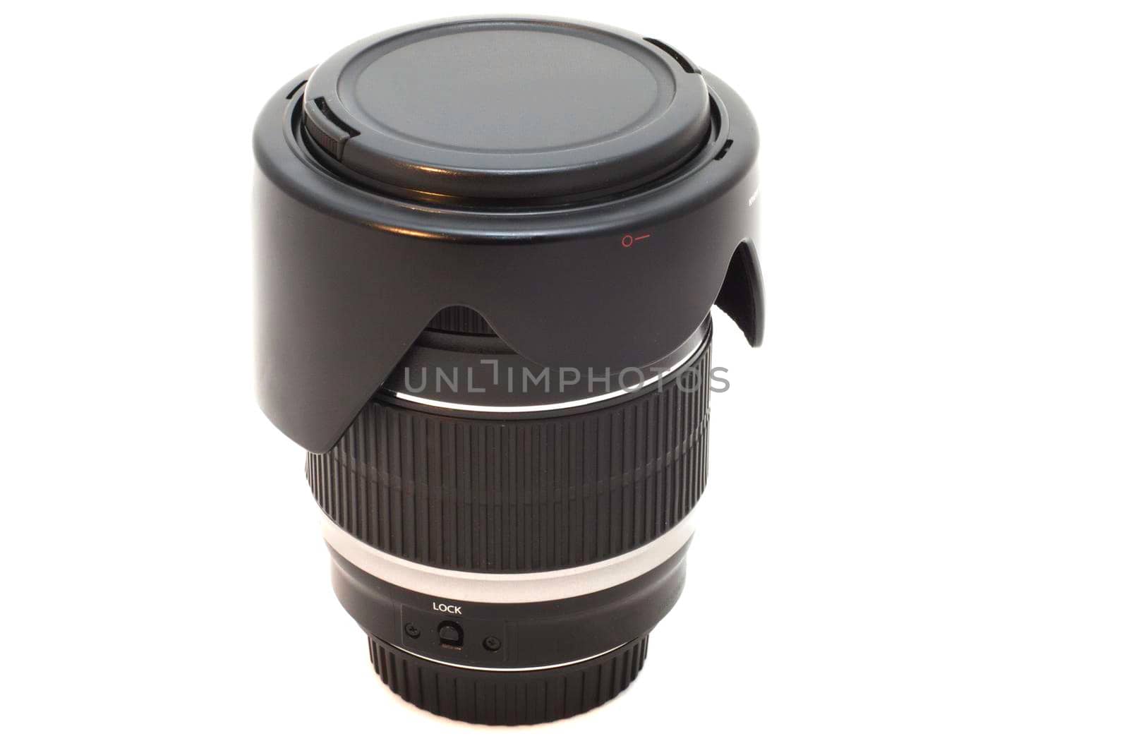 the lens with the lens hood from the SLR camera on white background by client111