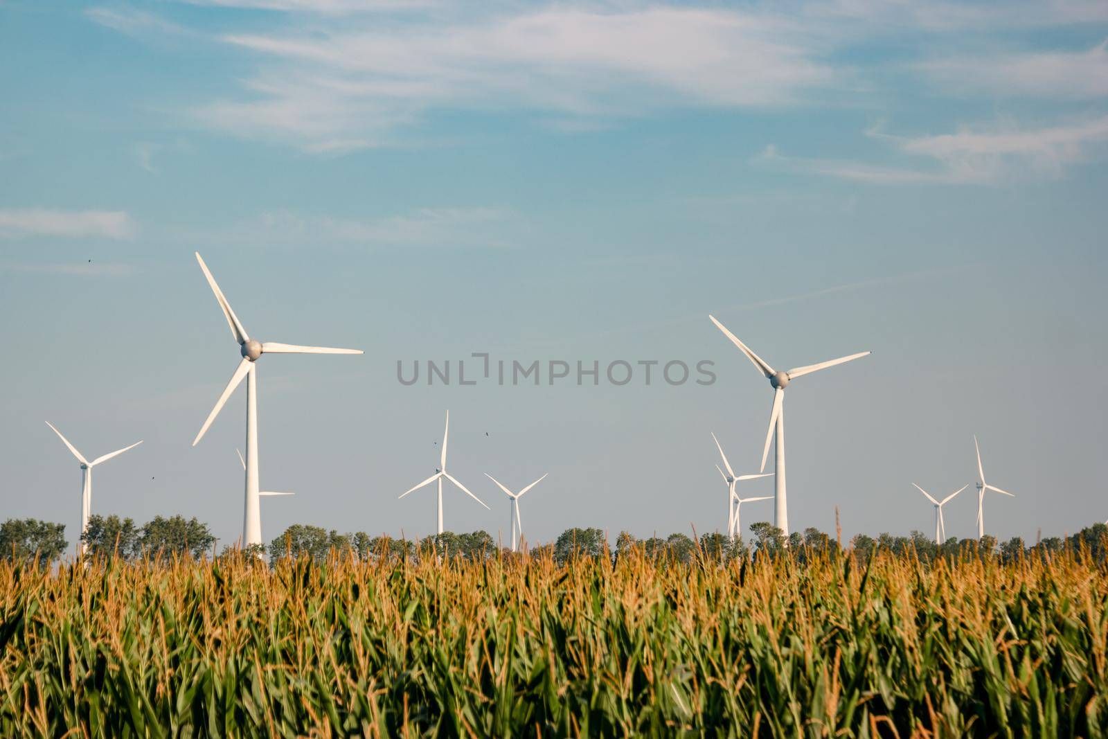 offshore windmill park with stormy clouds and a blue sky, windmill park in the ocean by fokkebok