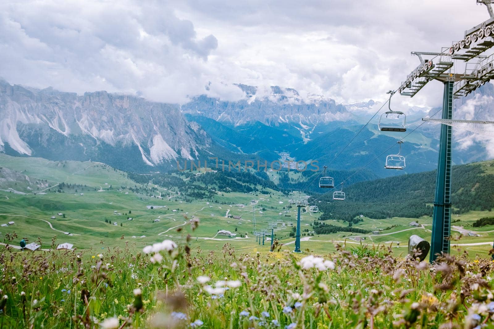  hiking in the Italien Dolomites, Amazing view on Seceda peak. Trentino Alto Adige, Dolomites Alps, South Tyrol, Italy, Europe. Odle mountain range, Val Gardena. Majestic Furchetta peak in morning sunlight. Italy