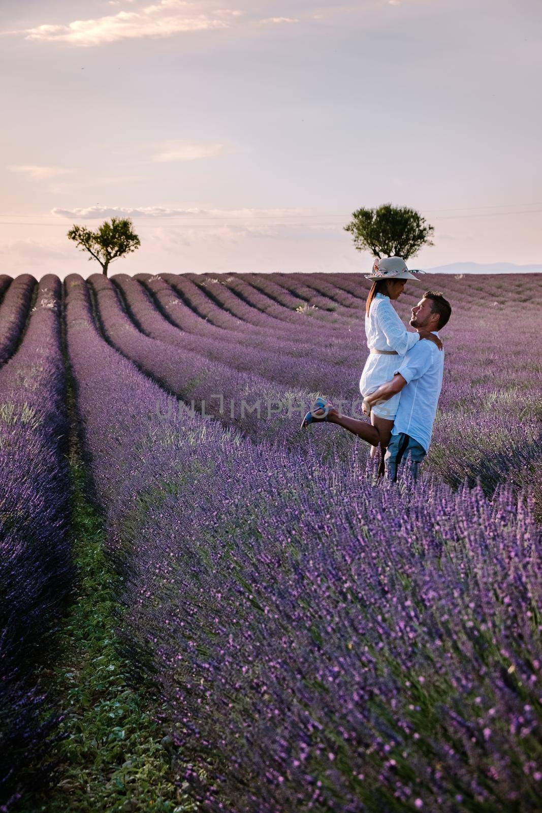 Provence, Lavender field France, Valensole Plateau, colorful field of Lavender Valensole Plateau, Provence, Southern France. Lavender field. Europe. Couple men and woman on vacation at the provence lavender fields,