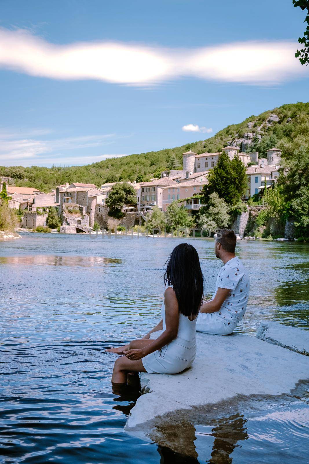 couple on vacation in Ardeche France, view of the village of Vogue in Ardeche. France by fokkebok