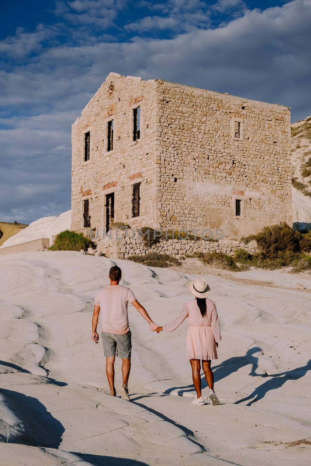 Punta Bianca, Agrigento in Sicily Italy White beach with old ruins of abandoned stone house on white cliffs by fokkebok