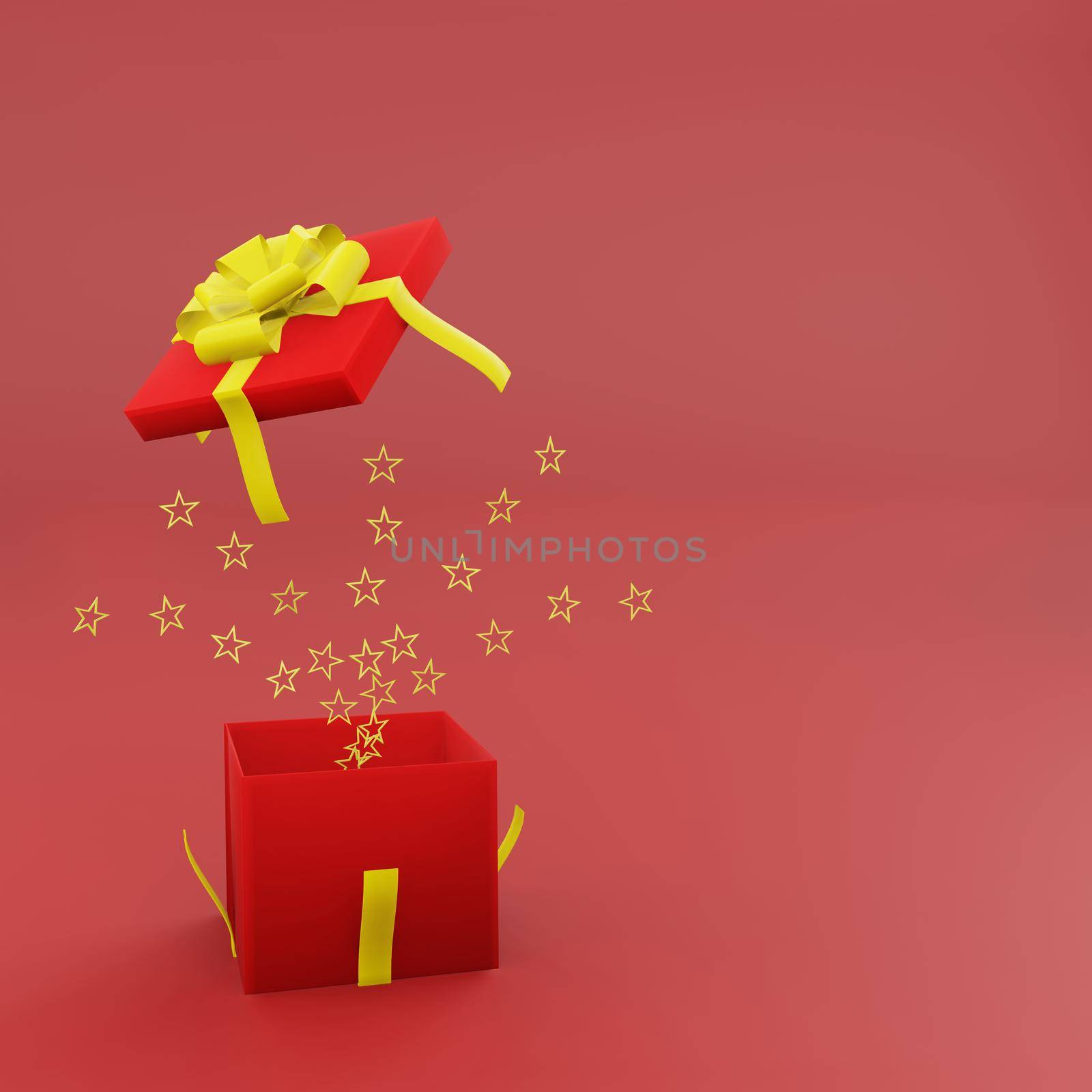 Open red gift box with golden ribbon and spread star by eaglesky
