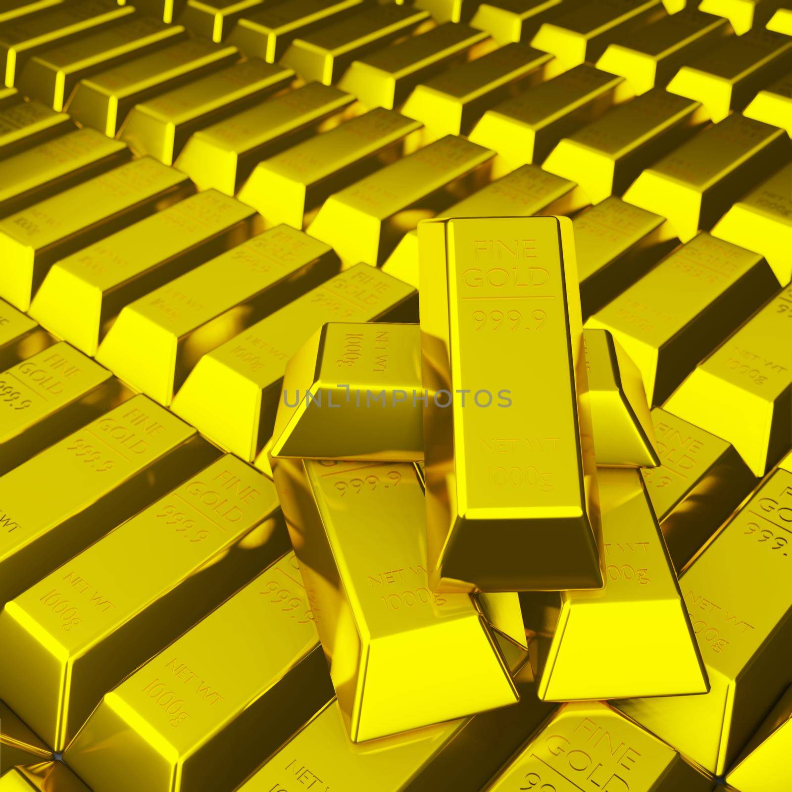 Pile of fine gold bar 999.9 g place on stack of golden bar as background 3d render and copy space. Financial wealth concept illustration.