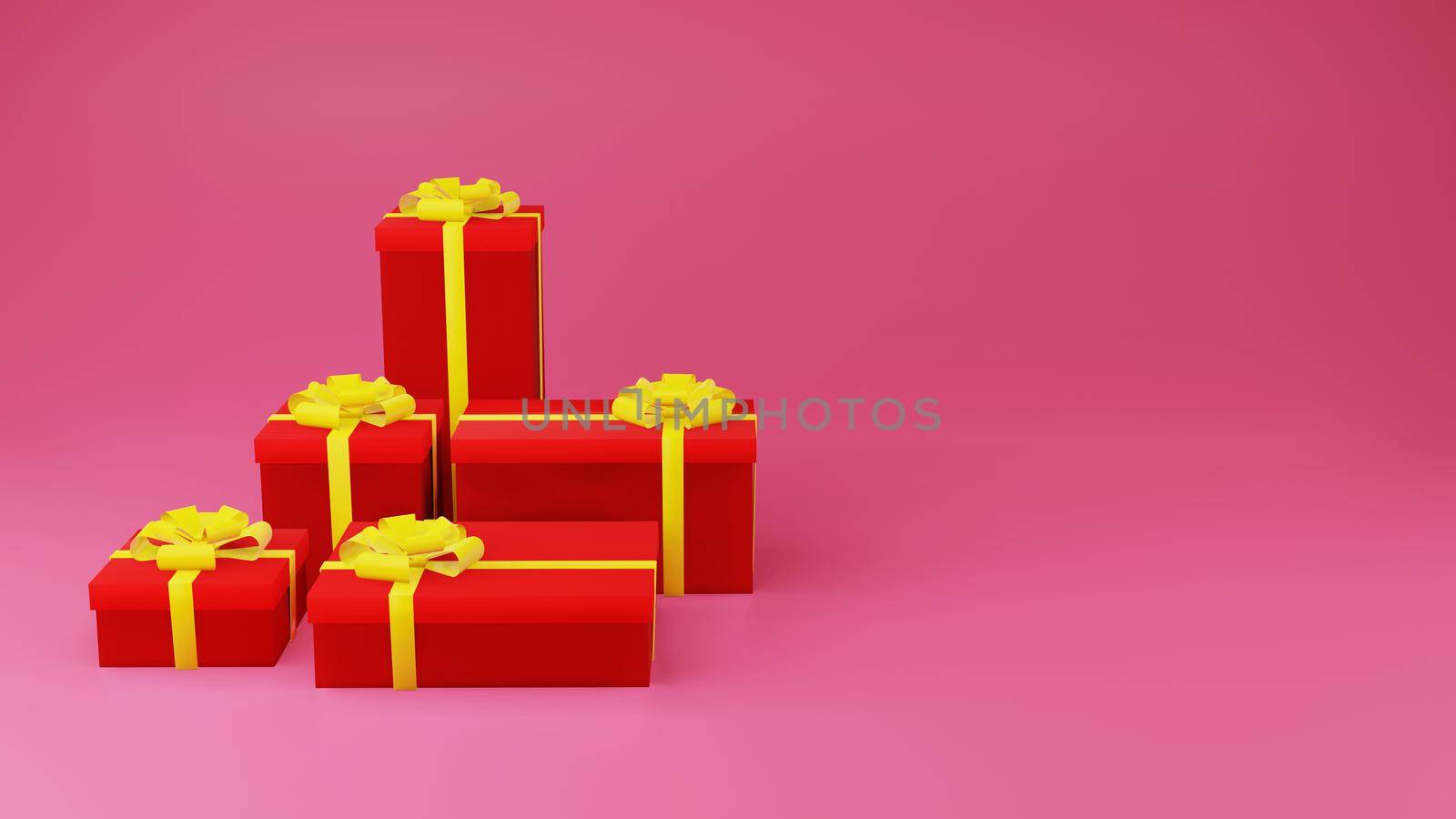 Red gift box with golden ribbon on pink background with copy space 3d render. Happy Chinese new year and congratulation concept style.