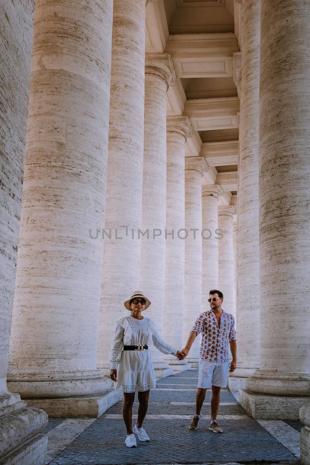 St. Peter's Basilica in the morning from Via della Conciliazione in Rome. Vatican City Rome Italy. Rome architecture and landmark. St. Peter's cathedral in Rome. Couple on city trip