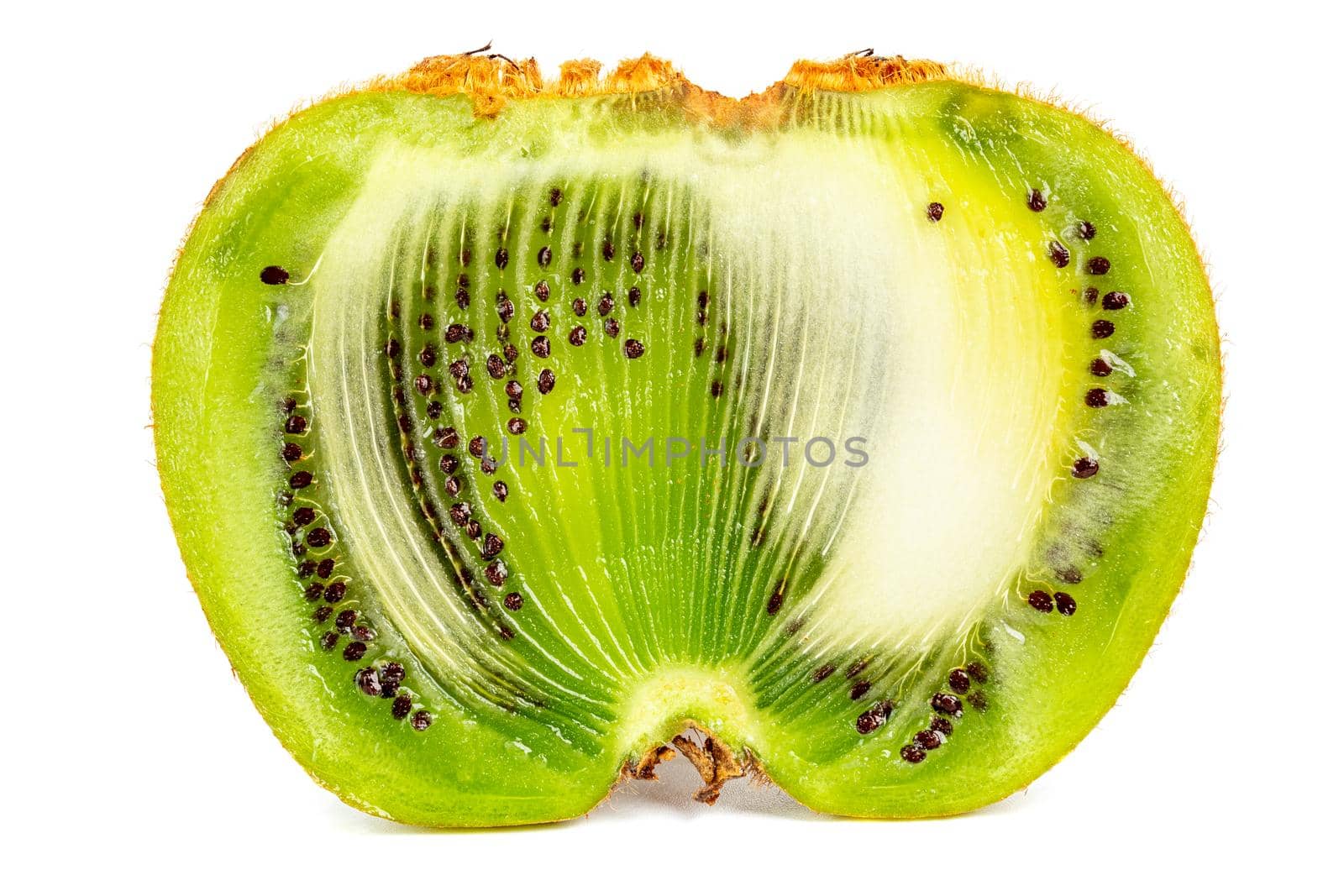 one ugly kiwi mutant fruit isolated on white background, cutted in half, standing vertically