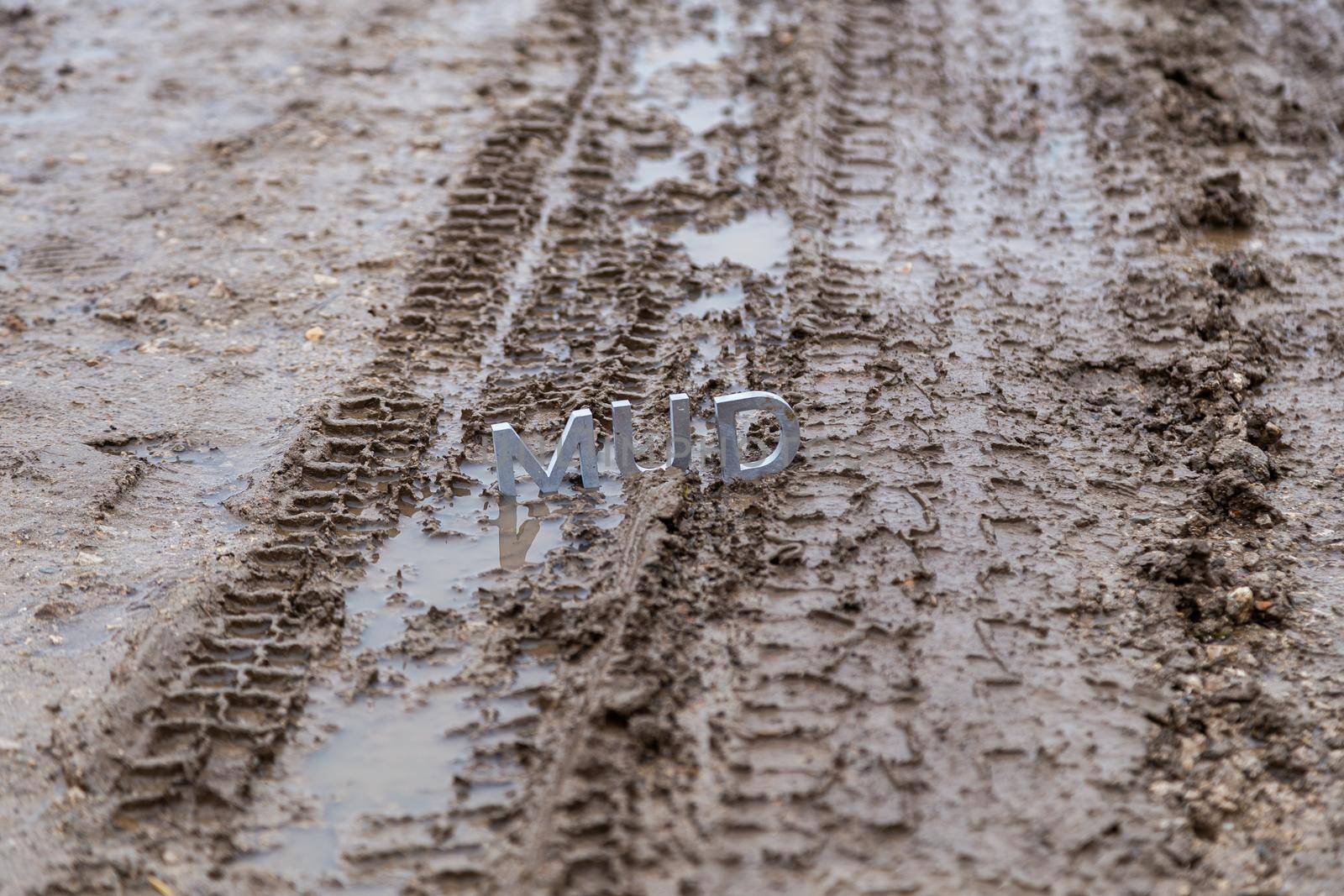 the word mud composed of silver metal letters on wet dirt surface with selective focus, background blur and linear perspective in cloudy autumn day light
