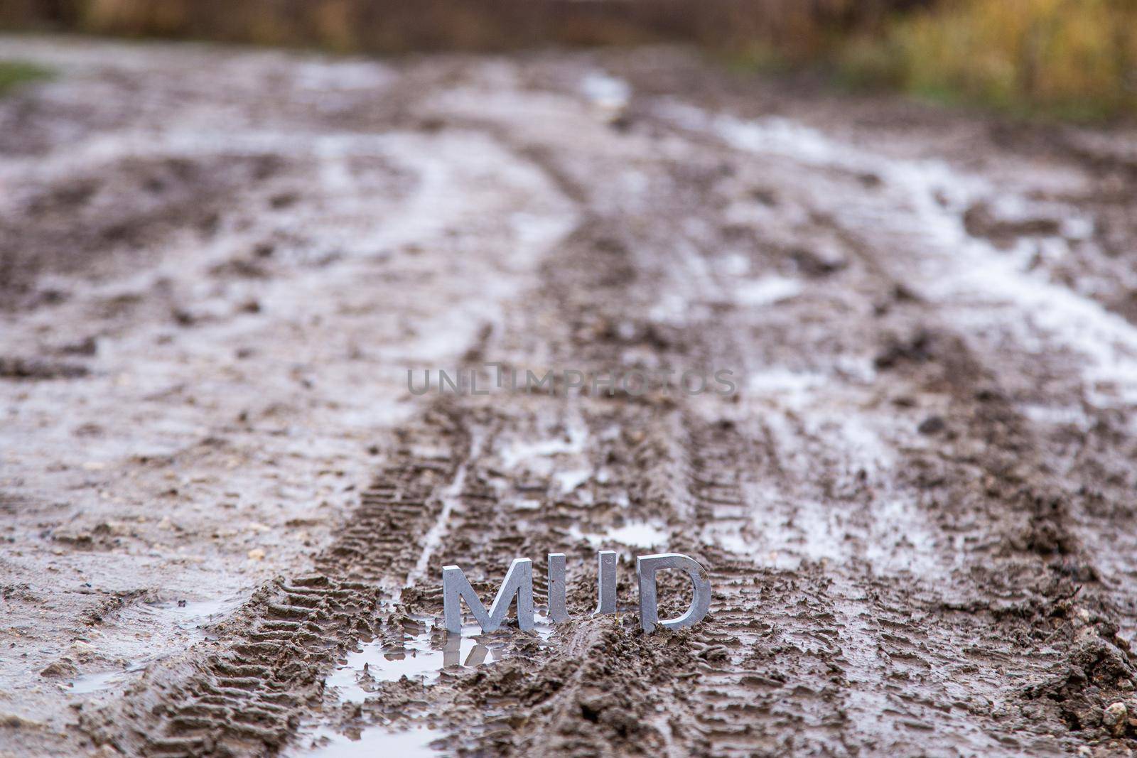 the word mud composed of silver metal letters on wet dirt surface with selective focus, background blur and linear perspective in cloudy autumn day light