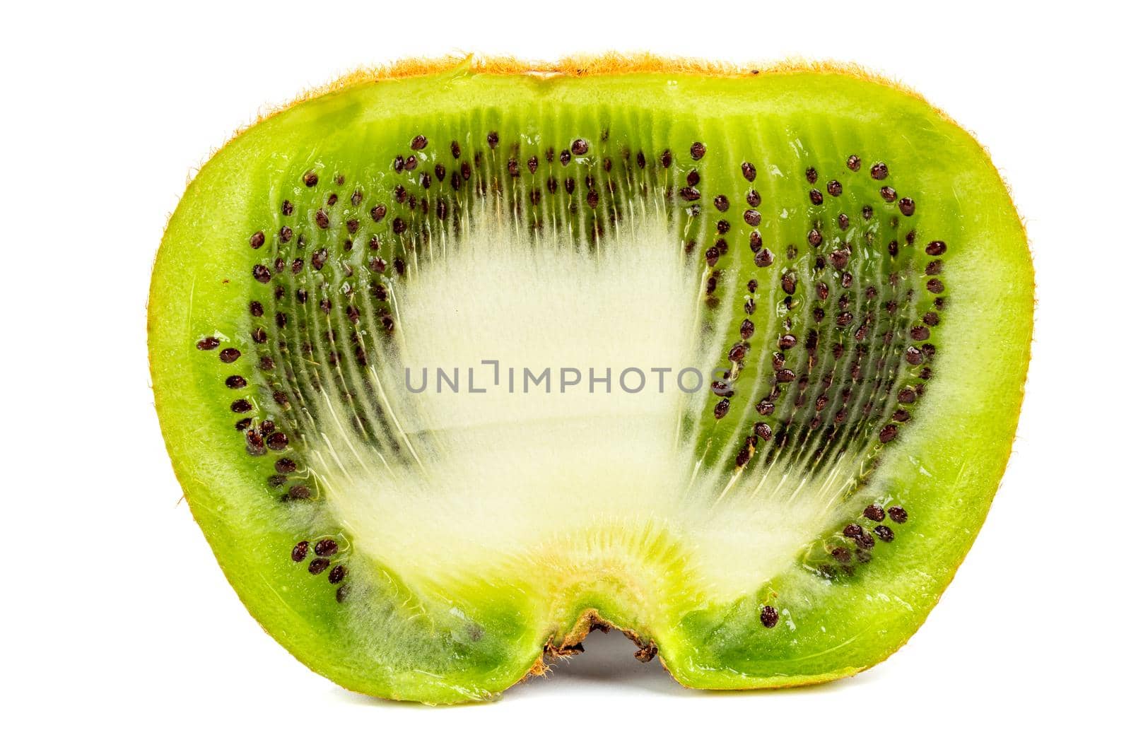 one ugly kiwi mutant fruit isolated on white background, cutted in half, standing vertically