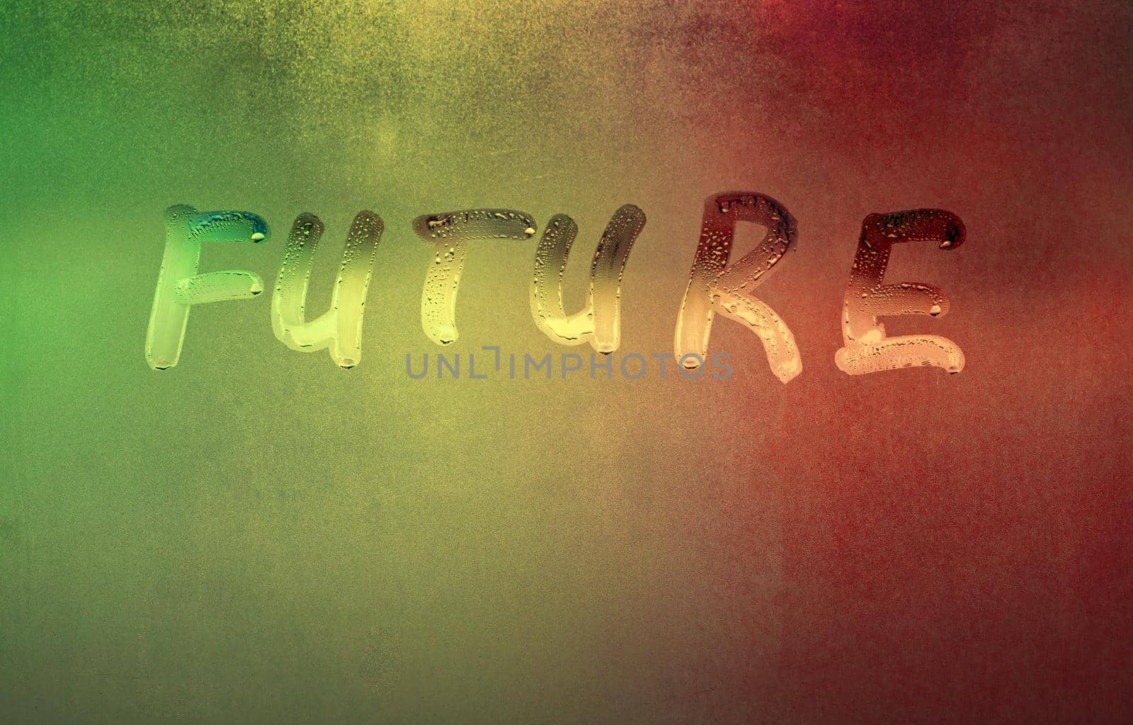 word future handwritten on night foggy window glass surface, close-up with selective focus