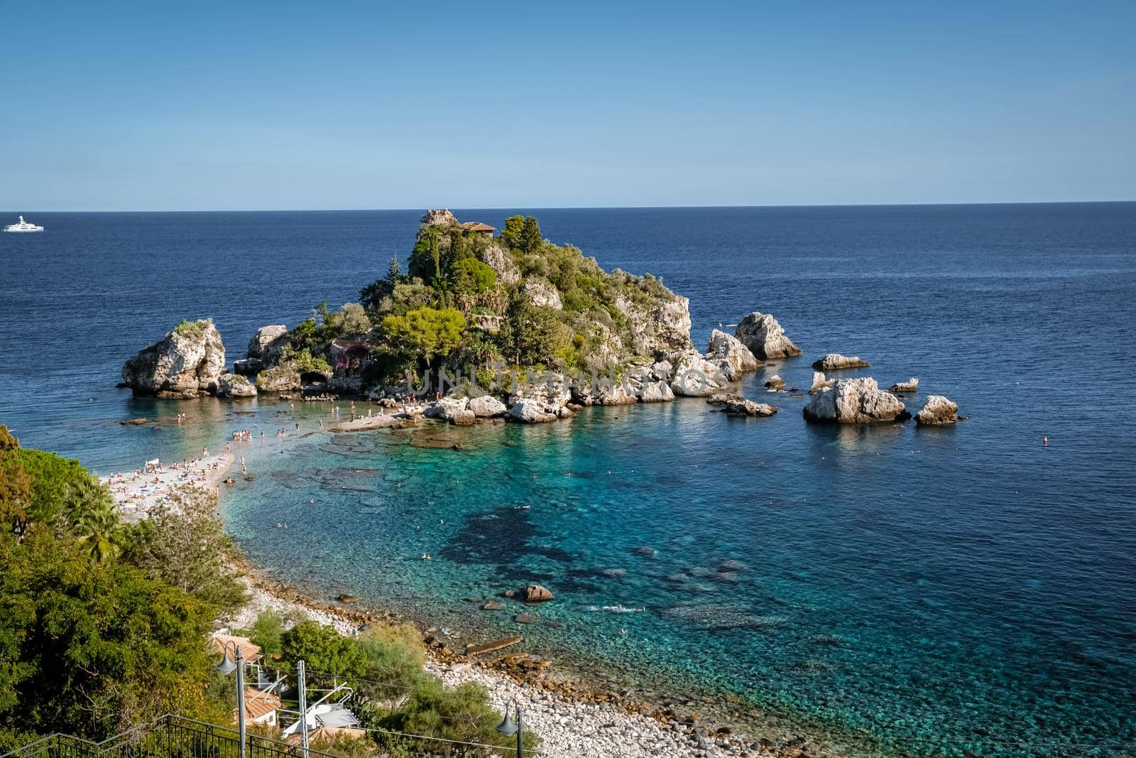 Isola Bella at Taormina, Sicily, Aerial view of the island and Isola Bella beach and blue ocean water in Taormina, Sicily, Italy Europe