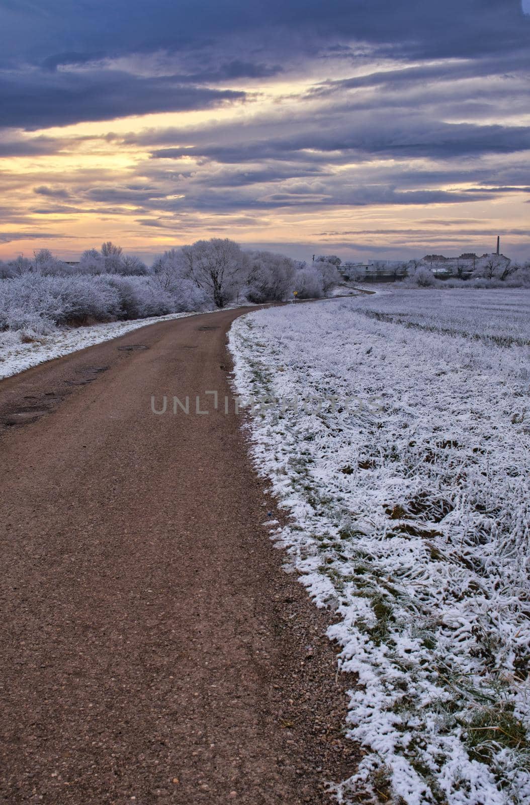 Lonely road at cloudy sunrise in winter