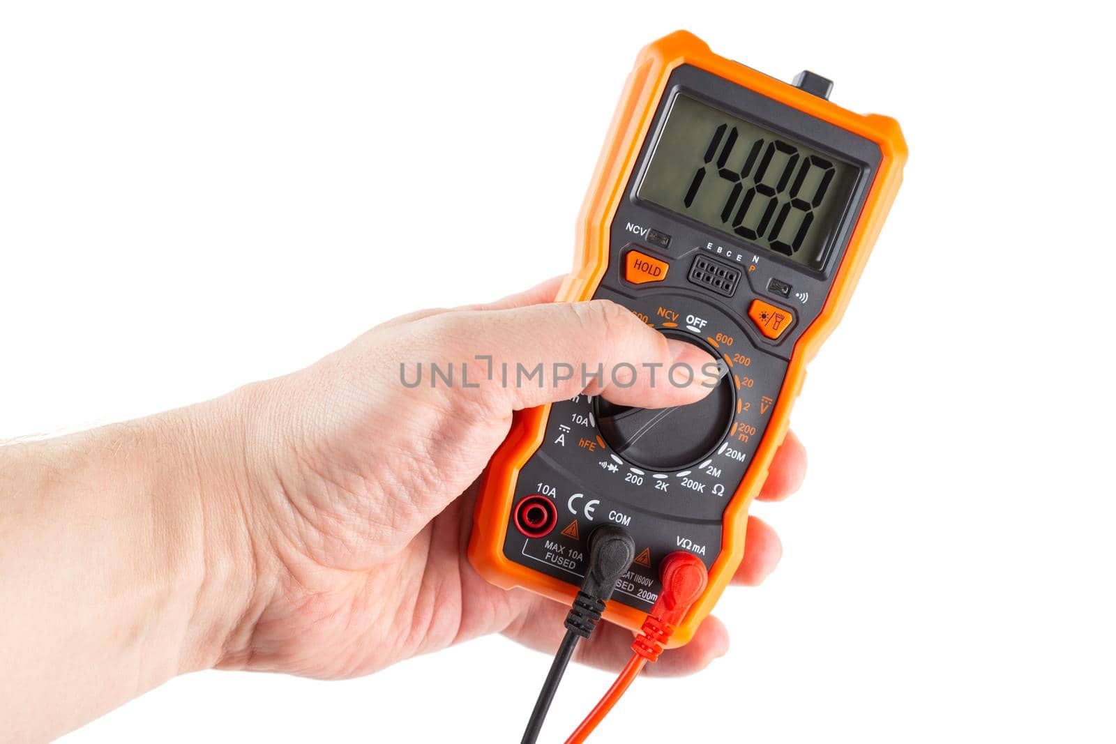 digit 1488 on lcd screen of digital electrical multimeter in left caucasian hand, isolated on white background