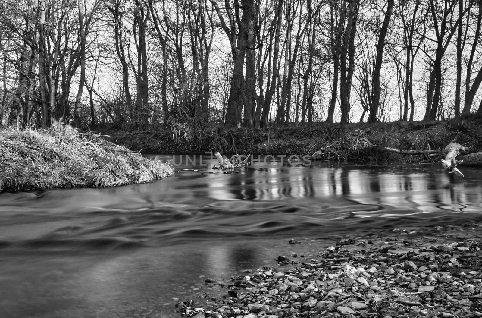 Frosty river with sunrise cold day