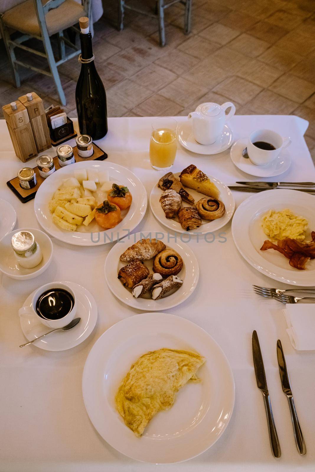 breakfast in a luxury Italian restaurant hotel with coffee and croissants. cozy boutique hotel