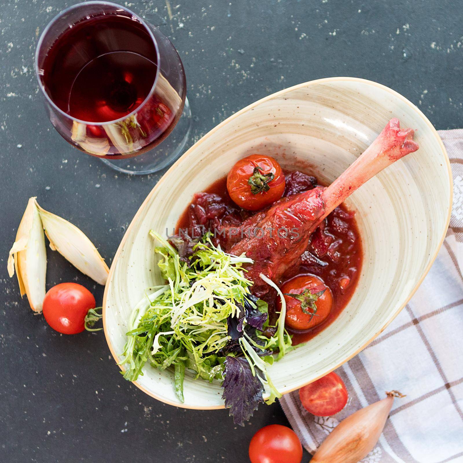 Tasty red beef meat meal with red wine, top view by ferhad