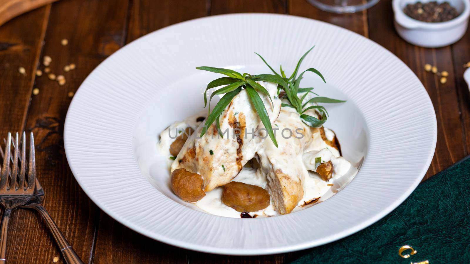 Potato, chicken meal with mayonnaise sauce close up