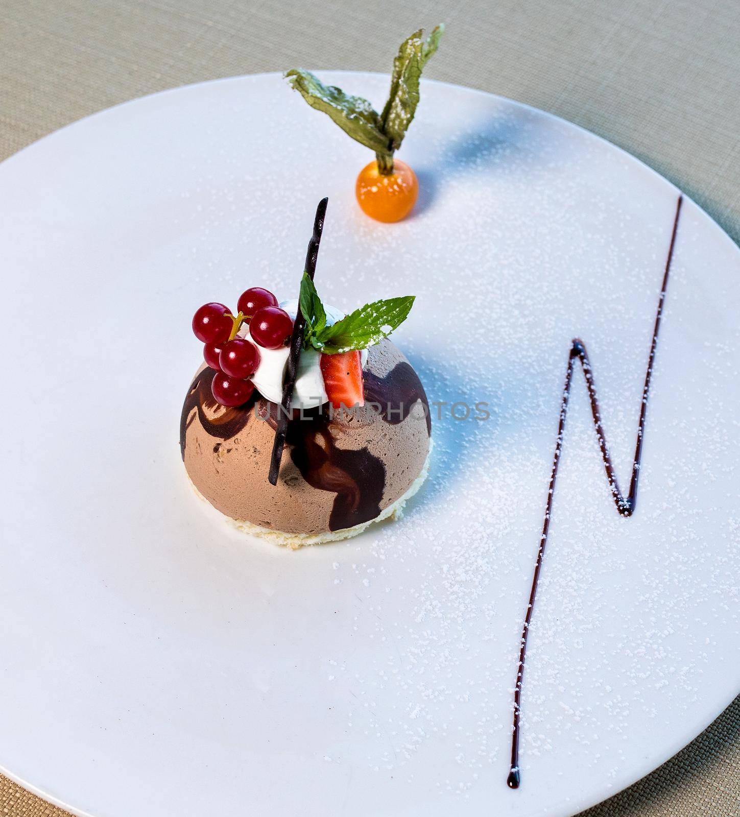 Beautiful rounded chocolate dessert close up