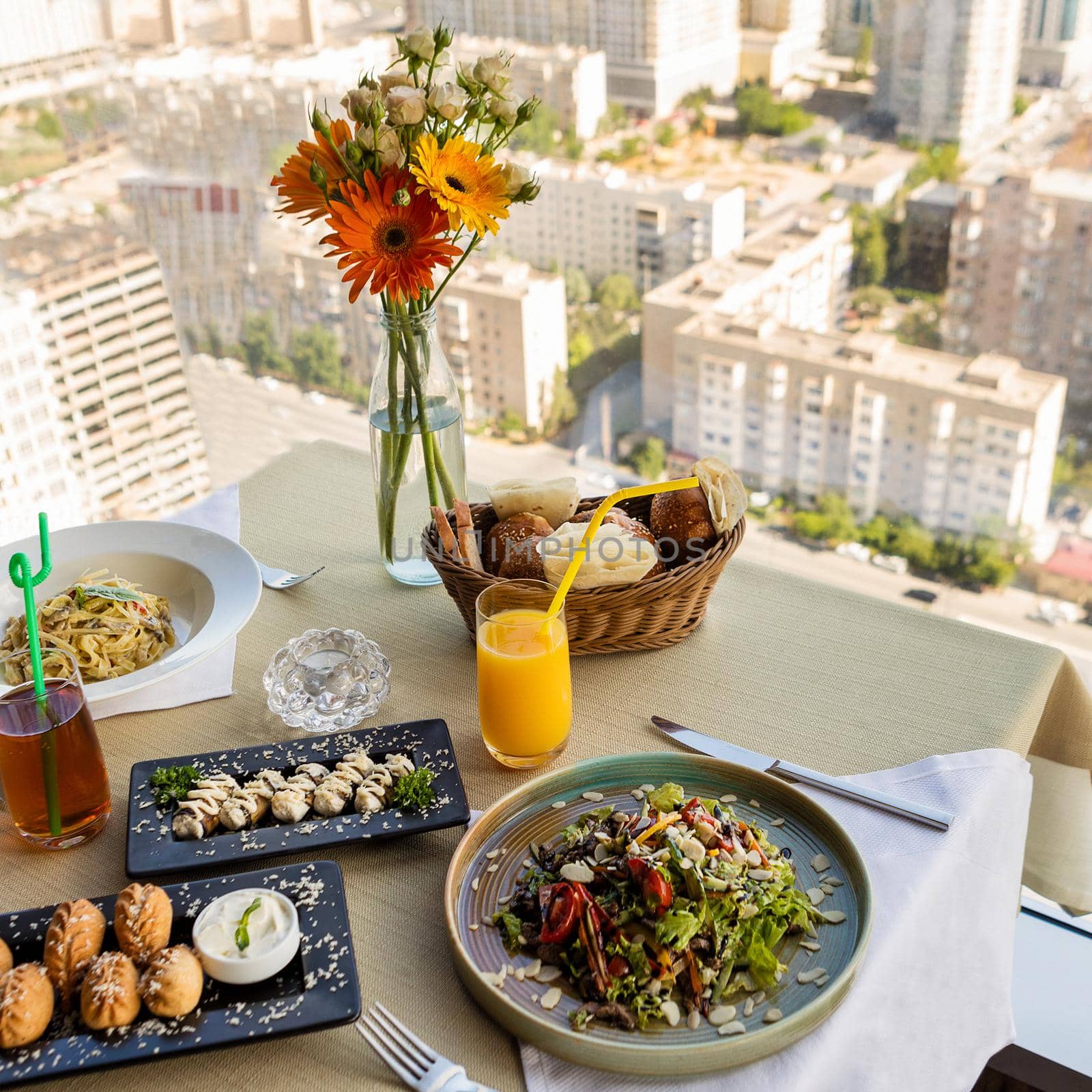 Beautiful salad meal with city view