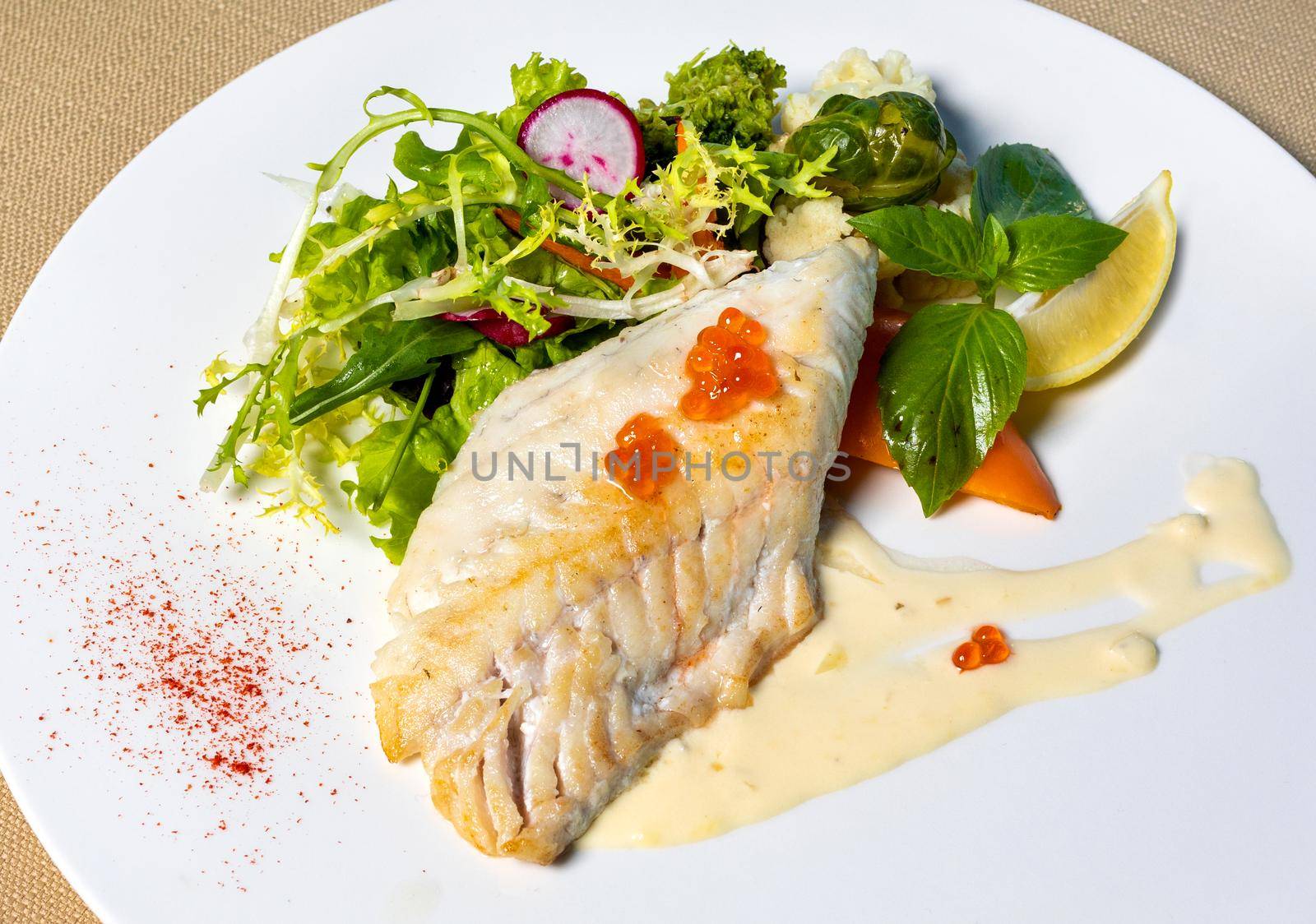 Fish meal with caviar, herbs, vegetable by ferhad